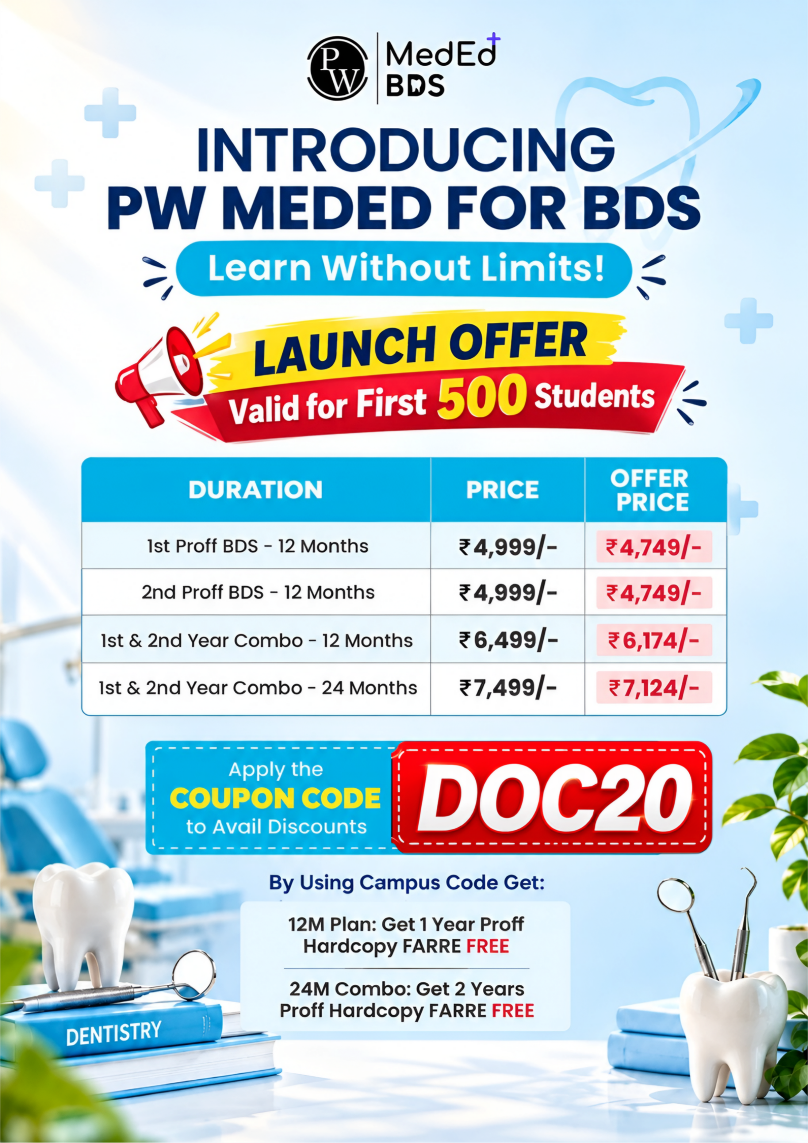 PW MedEd BDS Coupon Code DOC20 2026 Launch Offer